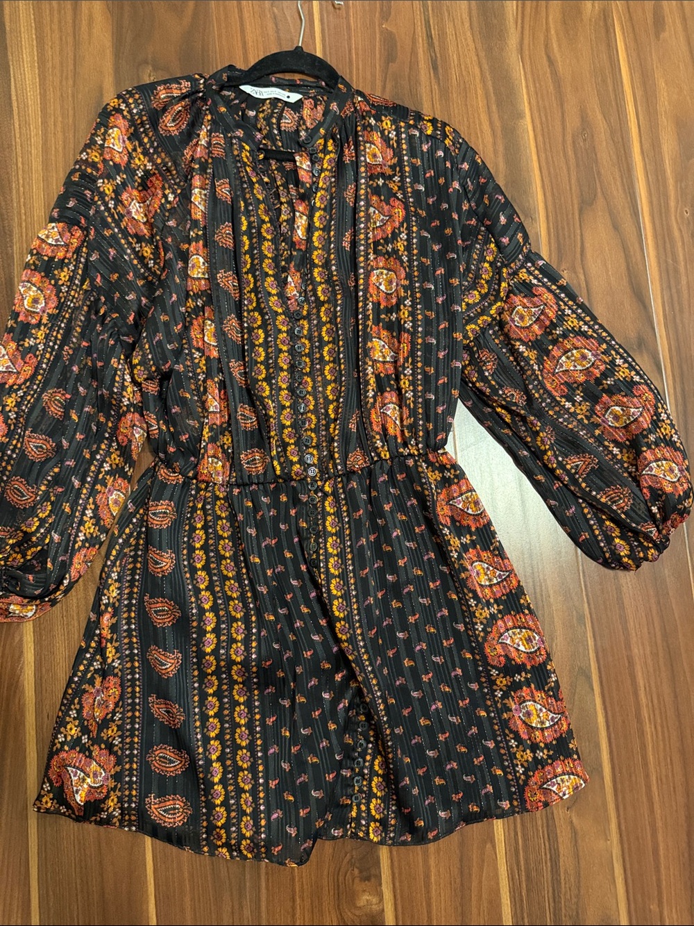 Zara Black Long-Sleeve Boho Mini Dress with Orange and Yellow Paisley